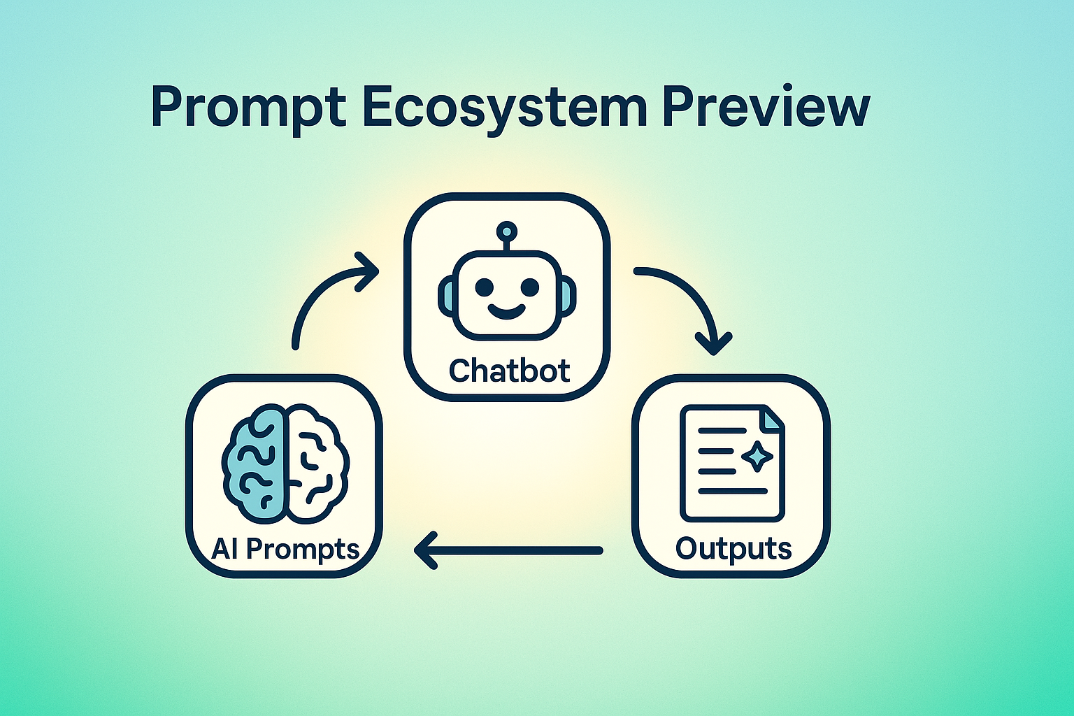 Prompt Ecosystem Preview – AI Prompts, Chatbot and Outputs flow in a calm glow gradient